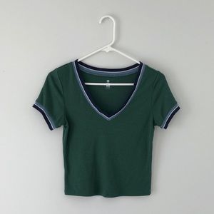 Green tee with blue and white stripe